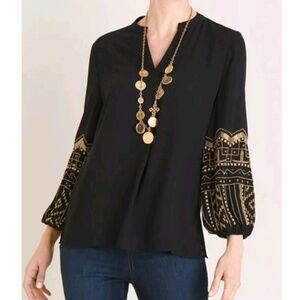 Chico's Black Chiffon V neck tunic Beaded blouson sleeves Holiday Party Sz. 1